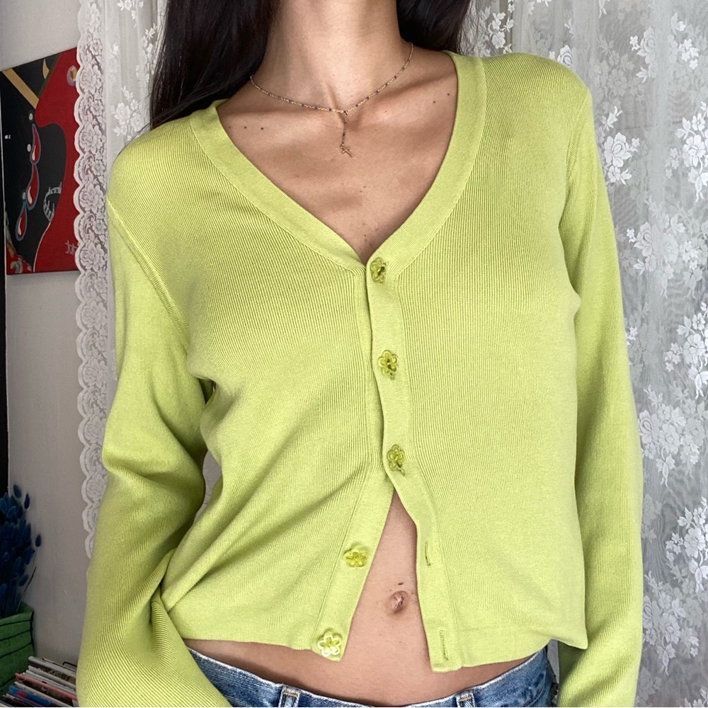 90s Carlisle Silk Blend Lime Green Cardigan - Size M